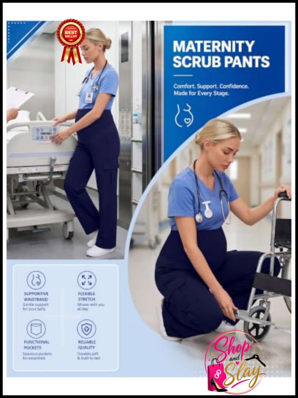 Maternity Scrub Pants Stretchy Waist 4 Pockets Straight Leg Medical Work